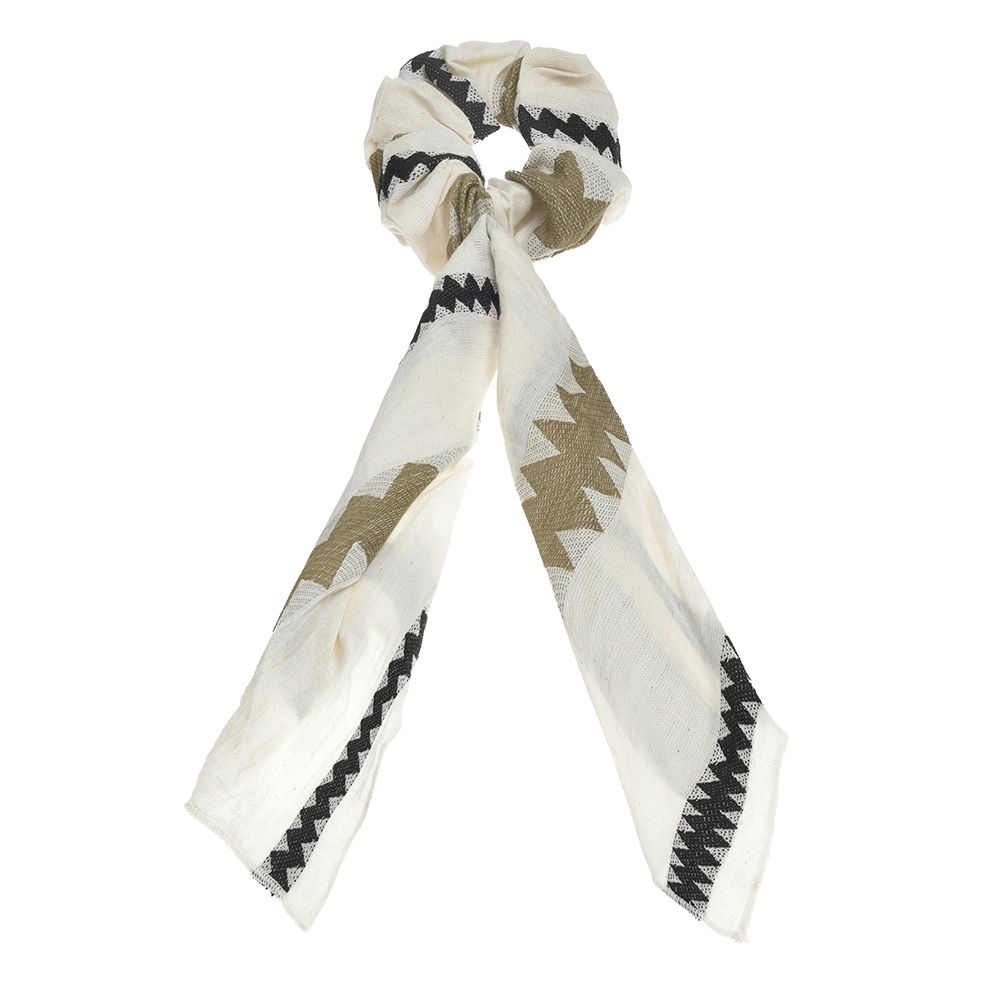 Scrunchie μπεζ με χακί μαύρες λεπτομέρειες 100% cotton